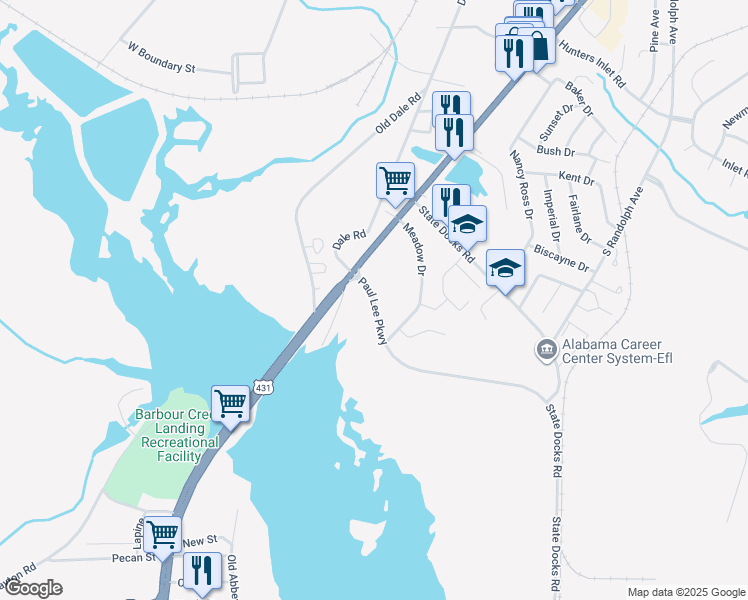 map of restaurants, bars, coffee shops, grocery stores, and more near 12 Paul Lee Pkwy in Eufaula