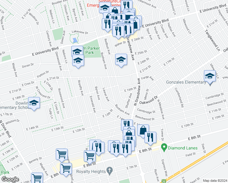 map of restaurants, bars, coffee shops, grocery stores, and more near 1318 Bonham Avenue in Odessa