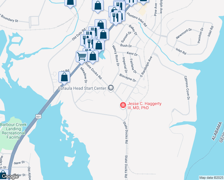 map of restaurants, bars, coffee shops, grocery stores, and more near 333 State Docks Road in Eufaula