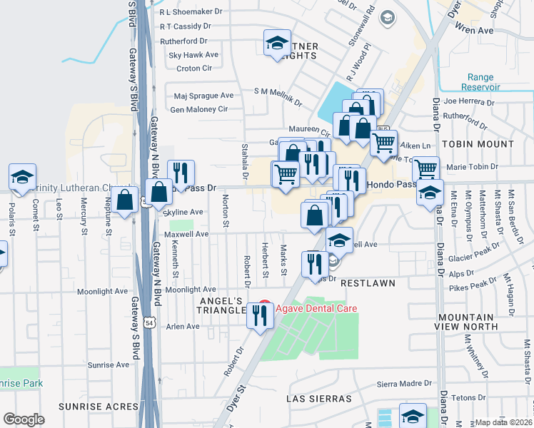 map of restaurants, bars, coffee shops, grocery stores, and more near 4700 Hondo Pass Drive in El Paso