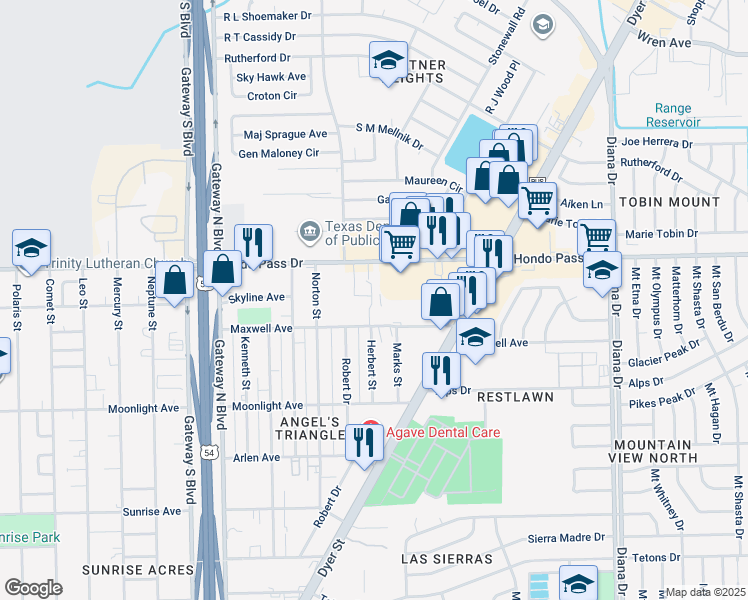 map of restaurants, bars, coffee shops, grocery stores, and more near 4700 Hondo Pass Drive in El Paso