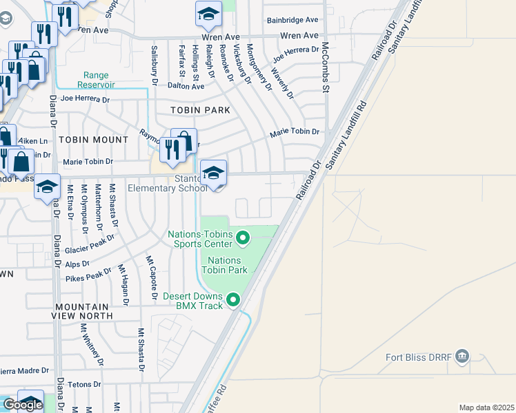 map of restaurants, bars, coffee shops, grocery stores, and more near 5643 Duchess Street in El Paso