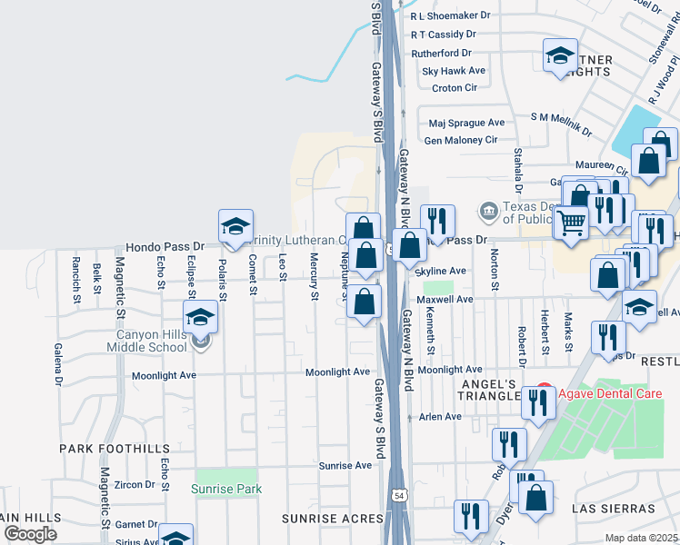 map of restaurants, bars, coffee shops, grocery stores, and more near 4200 Hondo Pass Drive in El Paso