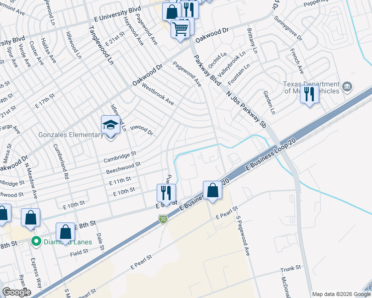 map of restaurants, bars, coffee shops, grocery stores, and more near 2933 Beechwood Street in Odessa