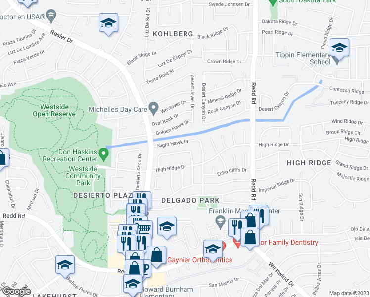 map of restaurants, bars, coffee shops, grocery stores, and more near 7137 Feather Hawk Drive in El Paso
