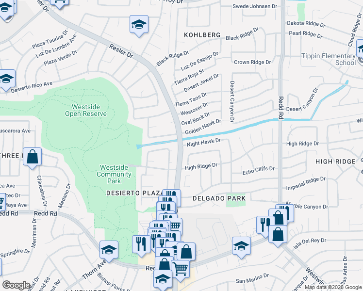 map of restaurants, bars, coffee shops, grocery stores, and more near 7229 Night Hawk Drive in El Paso