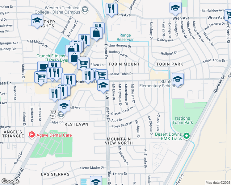 map of restaurants, bars, coffee shops, grocery stores, and more near 9020 Mount Etna Drive in El Paso
