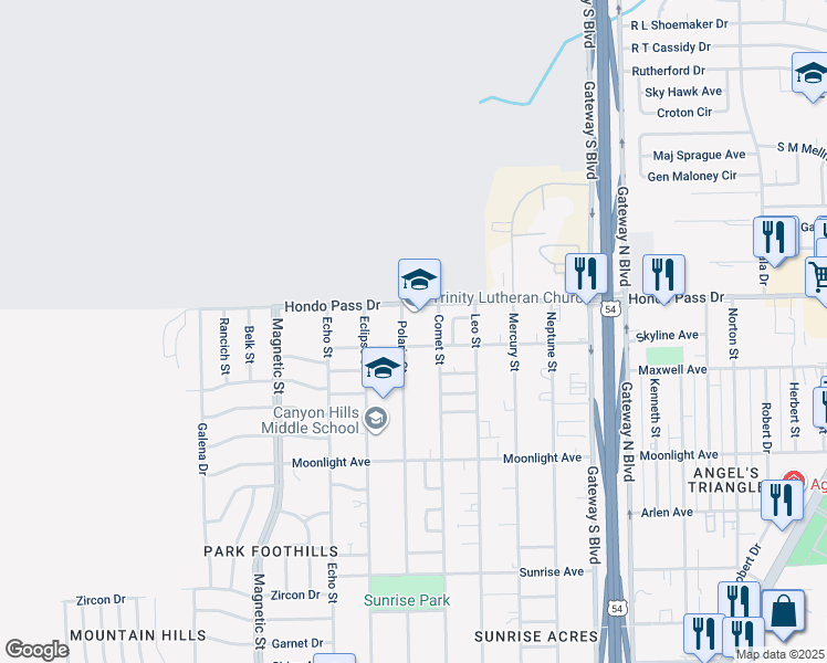 map of restaurants, bars, coffee shops, grocery stores, and more near 9055 Polaris Street in El Paso