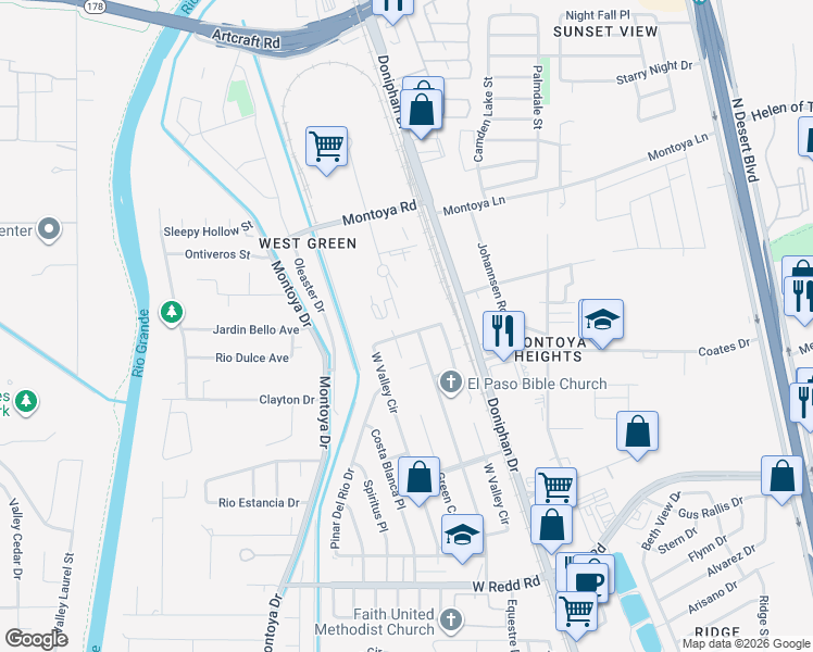 map of restaurants, bars, coffee shops, grocery stores, and more near 5799 West Valley Circle in El Paso