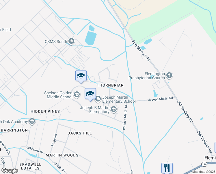 map of restaurants, bars, coffee shops, grocery stores, and more near 845 Sagewood Drive in Hinesville