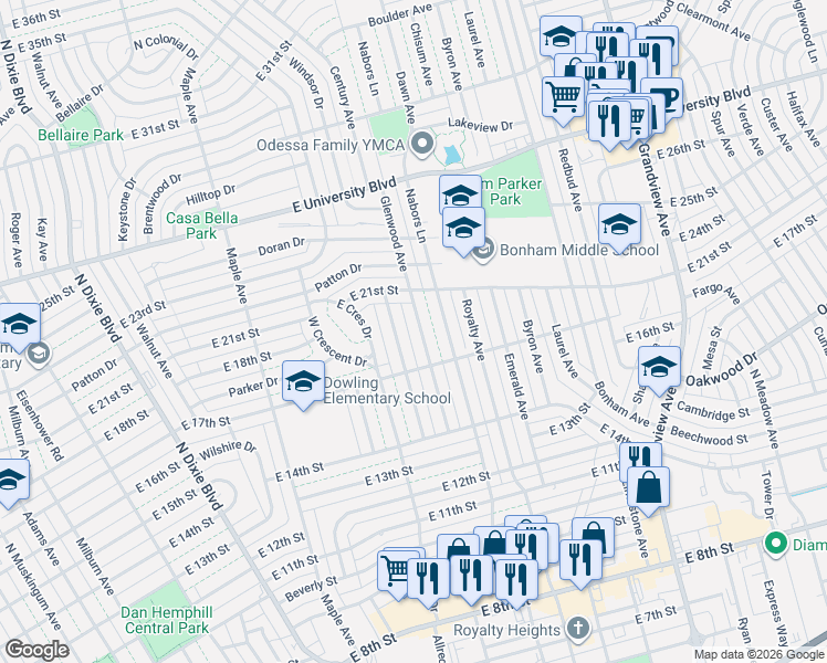 map of restaurants, bars, coffee shops, grocery stores, and more near 1712 Glenwood Avenue in Odessa