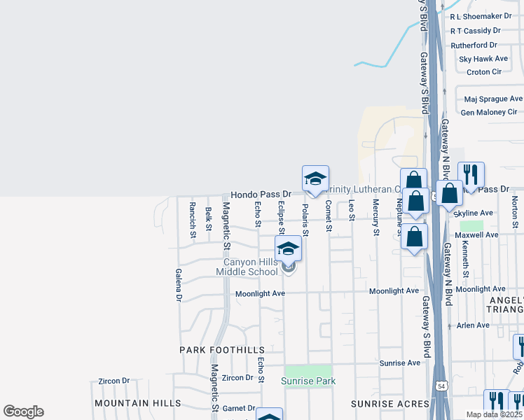 map of restaurants, bars, coffee shops, grocery stores, and more near 9026 Echo Street in El Paso
