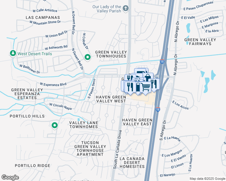 map of restaurants, bars, coffee shops, grocery stores, and more near 144 South Paseo Pena in Green Valley