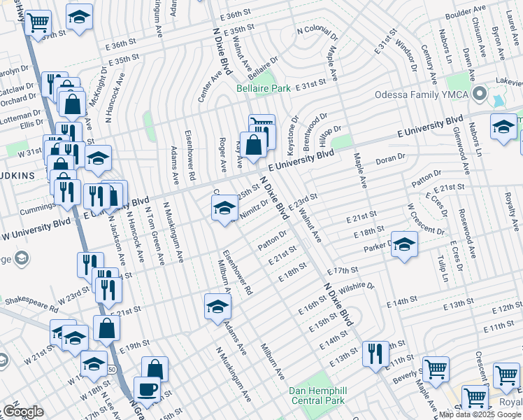 map of restaurants, bars, coffee shops, grocery stores, and more near 918 Nimitz Drive in Odessa