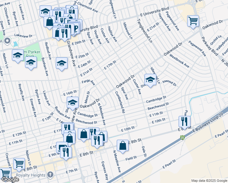 map of restaurants, bars, coffee shops, grocery stores, and more near 1427 Cumberland Road in Odessa