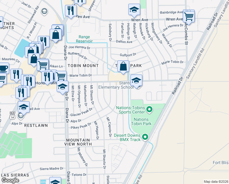 map of restaurants, bars, coffee shops, grocery stores, and more near 5320 Pikes Peak Drive in El Paso