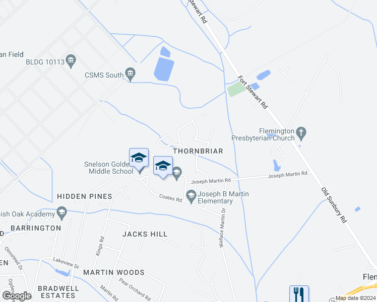 map of restaurants, bars, coffee shops, grocery stores, and more near 843 Sagewood Drive in Hinesville