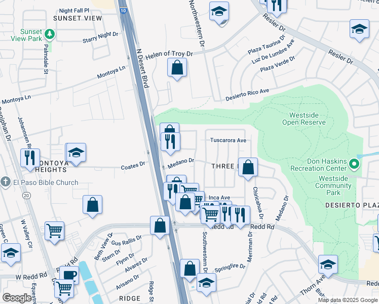 map of restaurants, bars, coffee shops, grocery stores, and more near 7801 Medano Drive in El Paso