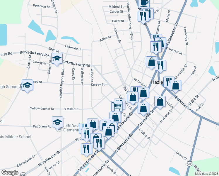 map of restaurants, bars, coffee shops, grocery stores, and more near 73 Latimer Street in Hazlehurst
