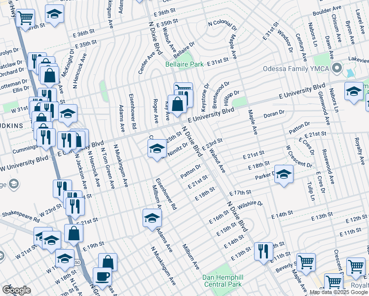 map of restaurants, bars, coffee shops, grocery stores, and more near 918 Nimitz Drive in Odessa