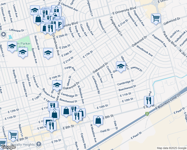 map of restaurants, bars, coffee shops, grocery stores, and more near 1427-1499 Cumberland Road in Odessa