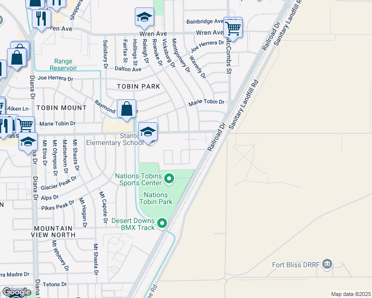 map of restaurants, bars, coffee shops, grocery stores, and more near 5643 Duchess Street in El Paso