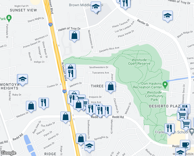 map of restaurants, bars, coffee shops, grocery stores, and more near 1120 Shawnee Lane in El Paso