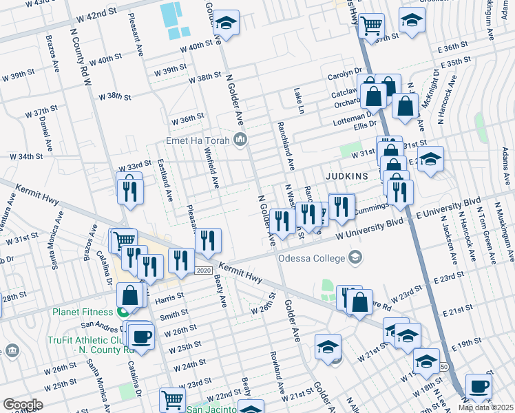 map of restaurants, bars, coffee shops, grocery stores, and more near 2903 Golder Ave in Odessa