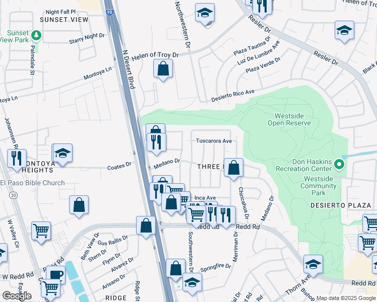 map of restaurants, bars, coffee shops, grocery stores, and more near 1117 Southwestern Drive in El Paso