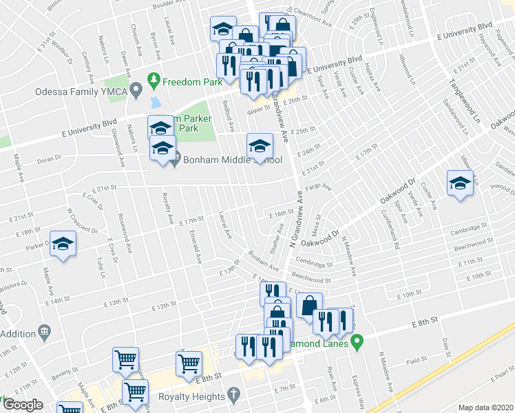 map of restaurants, bars, coffee shops, grocery stores, and more near 1604 Redbud Avenue in Odessa