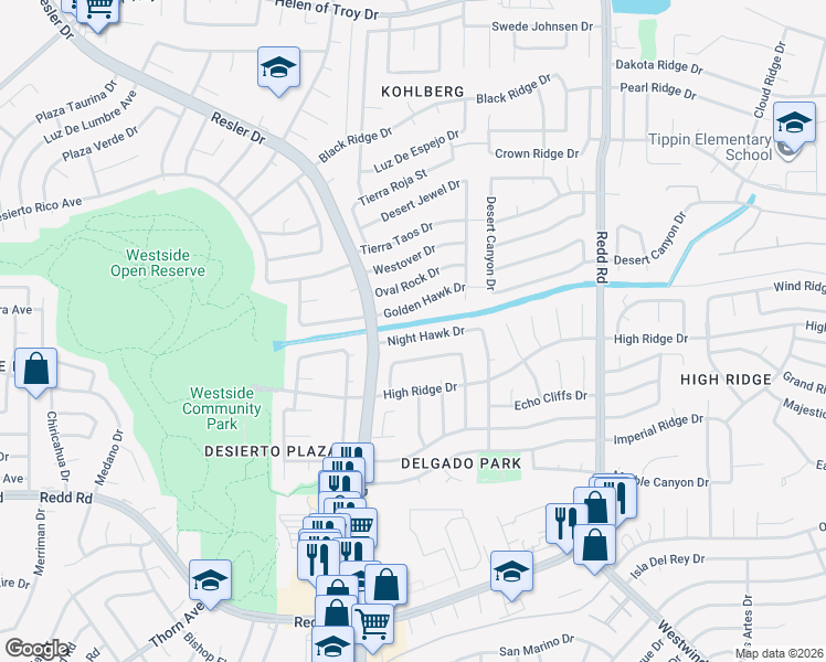 map of restaurants, bars, coffee shops, grocery stores, and more near 7205 Night Hawk Drive in El Paso