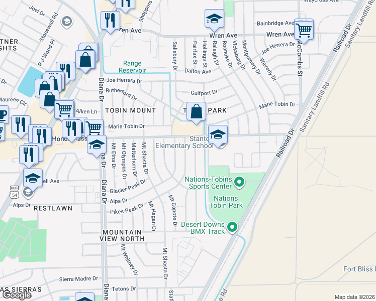 map of restaurants, bars, coffee shops, grocery stores, and more near 5320 Pikes Peak Drive in El Paso
