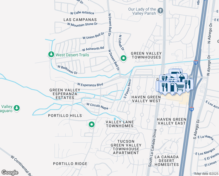 map of restaurants, bars, coffee shops, grocery stores, and more near 719 West Placita Nueva in Green Valley