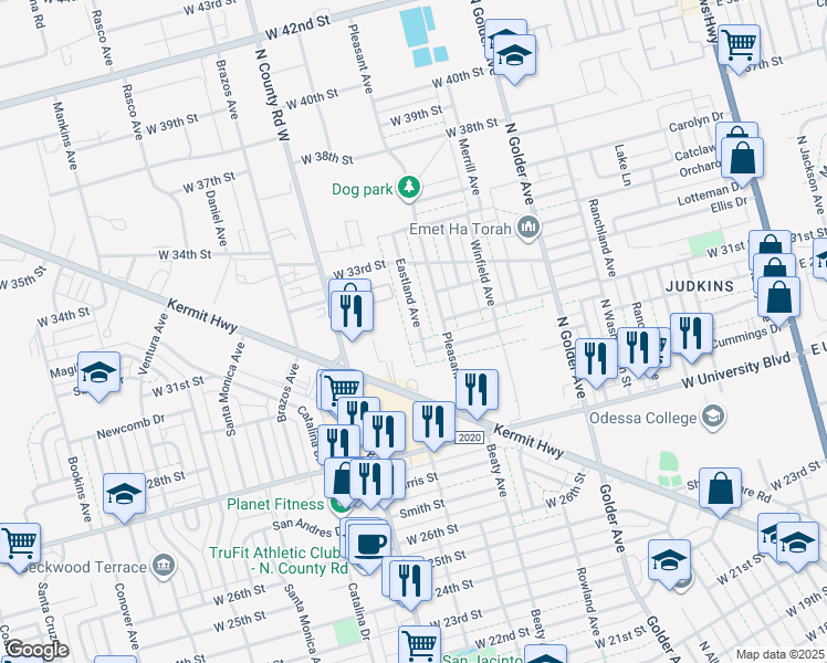 map of restaurants, bars, coffee shops, grocery stores, and more near 3011 Eastland Avenue in Odessa