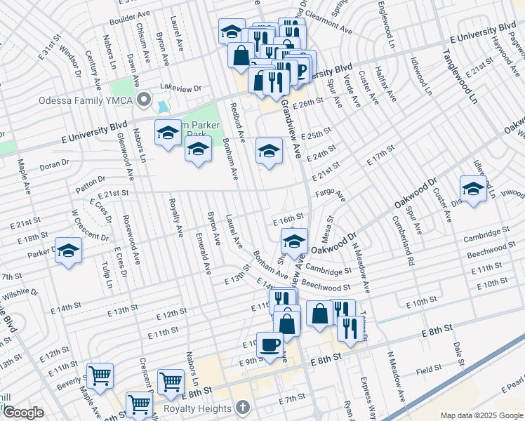 map of restaurants, bars, coffee shops, grocery stores, and more near 1510 East 17th in Odessa