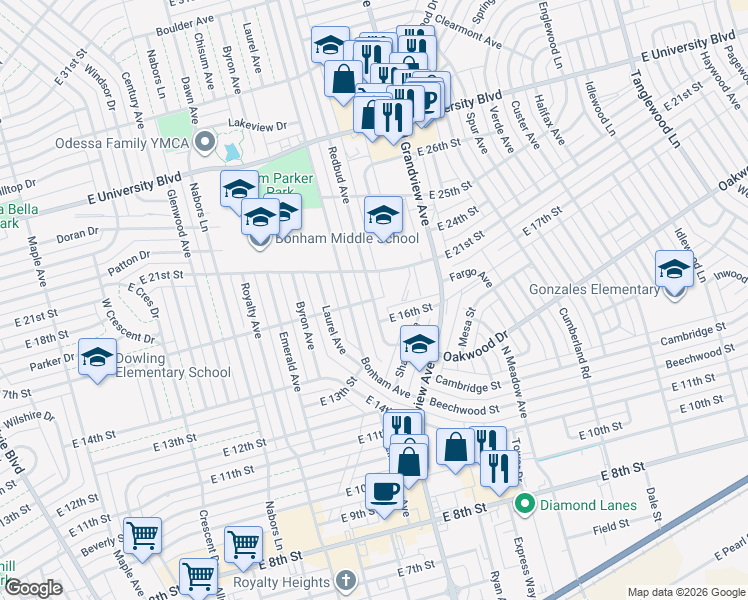 map of restaurants, bars, coffee shops, grocery stores, and more near 1510 East 17th in Odessa