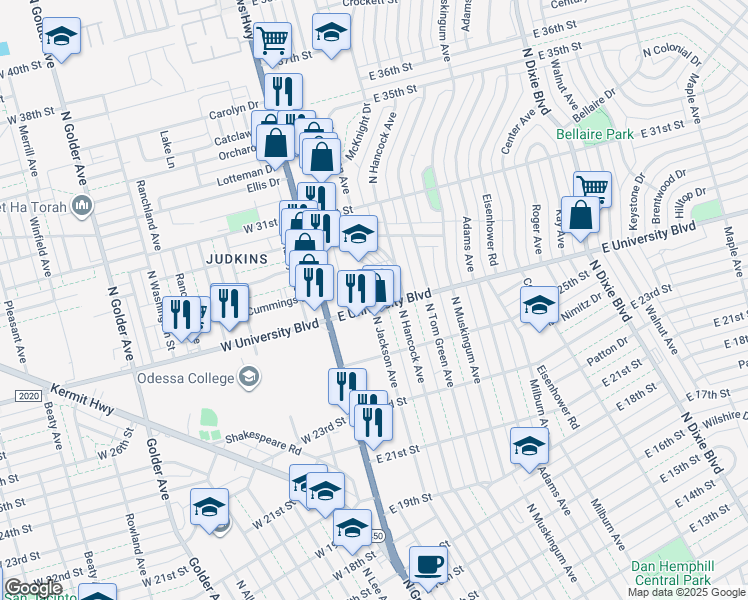 map of restaurants, bars, coffee shops, grocery stores, and more near 301 East University Boulevard in Odessa