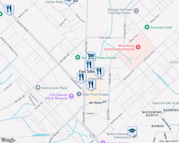 map of restaurants, bars, coffee shops, grocery stores, and more near in Fort Stewart