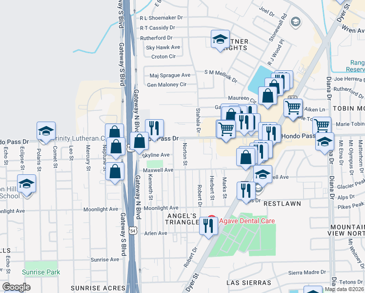 map of restaurants, bars, coffee shops, grocery stores, and more near 9045 Norton Street in El Paso