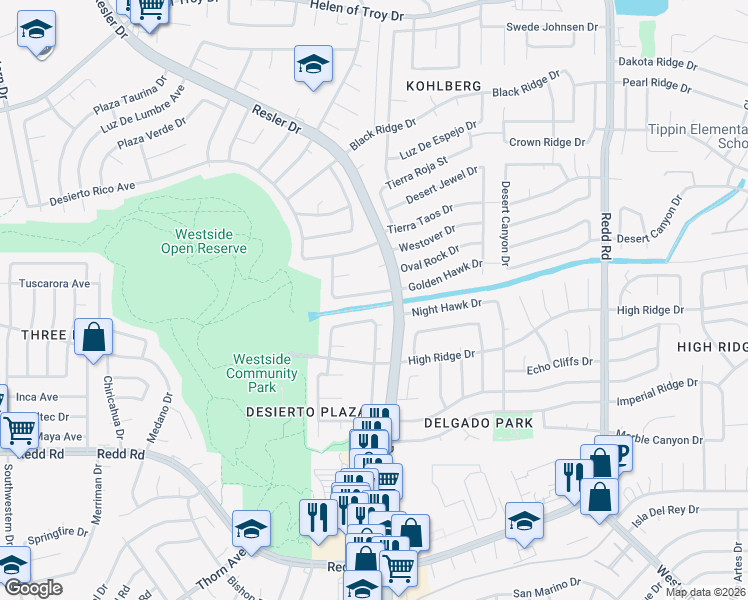 map of restaurants, bars, coffee shops, grocery stores, and more near 7316 Golden Hawk Drive in El Paso