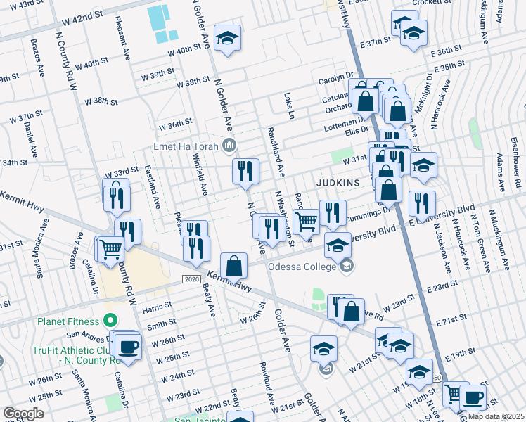 map of restaurants, bars, coffee shops, grocery stores, and more near 2739 North Alleghaney Avenue in Odessa