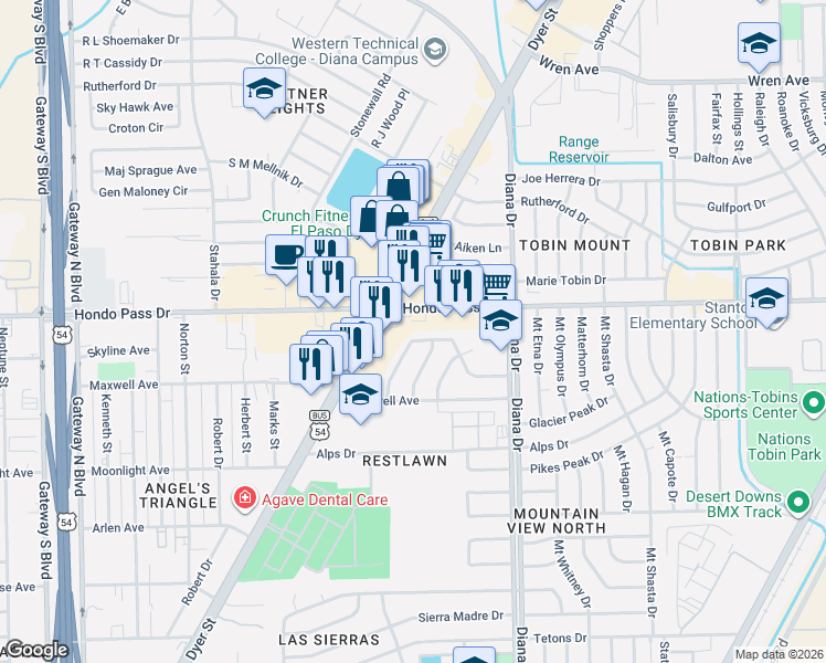 map of restaurants, bars, coffee shops, grocery stores, and more near 4903 Mcgregor Drive in El Paso