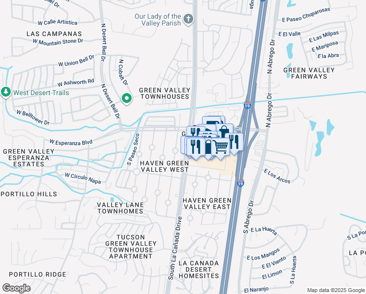map of restaurants, bars, coffee shops, grocery stores, and more near 130 South La Cañada Drive in Green Valley