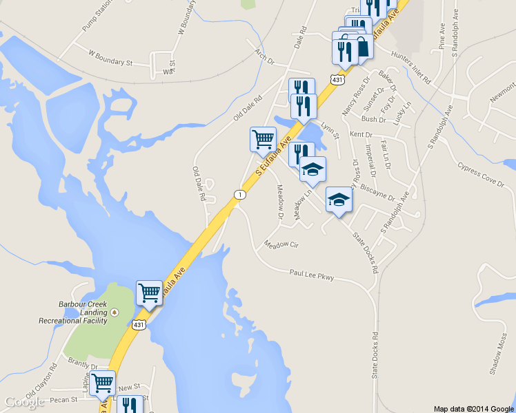 map of restaurants, bars, coffee shops, grocery stores, and more near 12 Paul Lee Parkway in Eufaula
