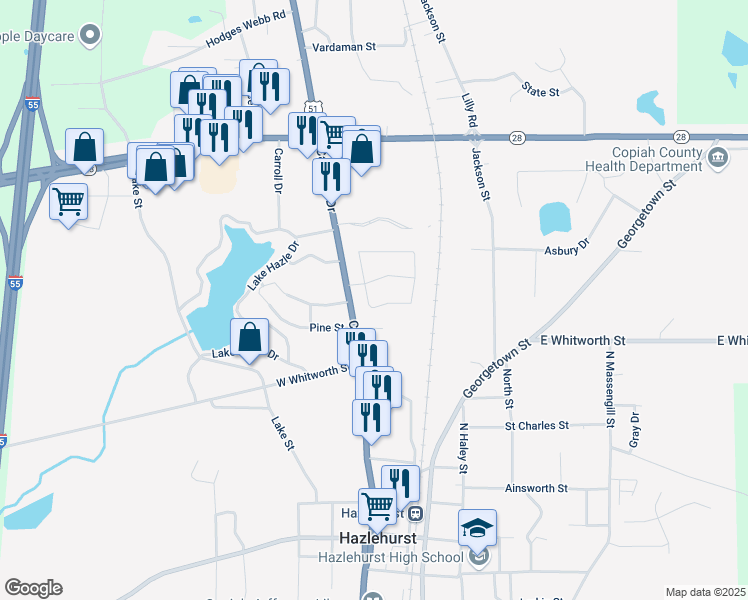 map of restaurants, bars, coffee shops, grocery stores, and more near 213 Hazlewood Circle in Hazlehurst