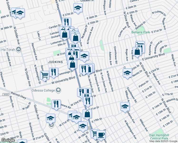 map of restaurants, bars, coffee shops, grocery stores, and more near 301-317 E University Blvd in Odessa