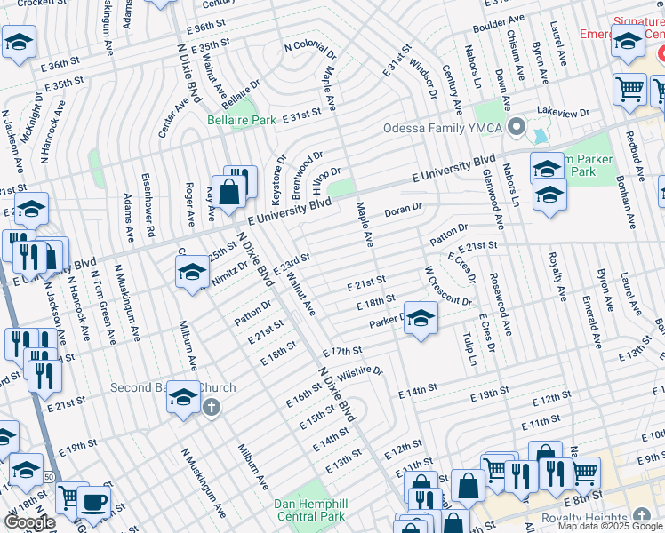 map of restaurants, bars, coffee shops, grocery stores, and more near 1305 Patton Drive in Odessa