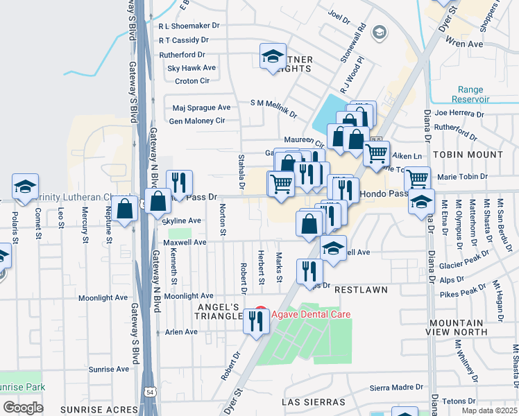 map of restaurants, bars, coffee shops, grocery stores, and more near 9001 Hyde Park Place in El Paso
