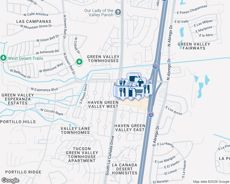map of restaurants, bars, coffee shops, grocery stores, and more near 111 South La Cañada Drive in Green Valley