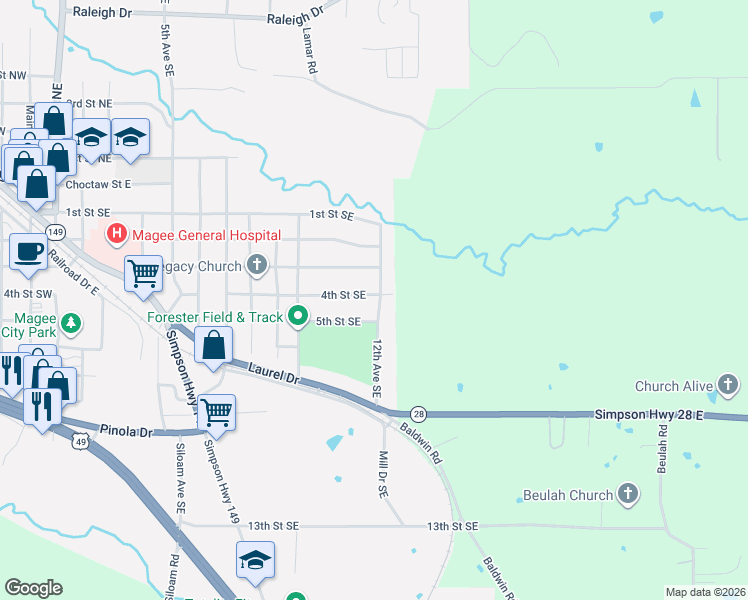 map of restaurants, bars, coffee shops, grocery stores, and more near 1120 4th Street Southeast in Magee